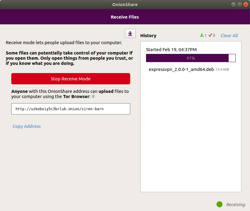 OnionShare receive mode screenshot