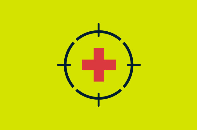 Health cross symbol inside cross hairs.