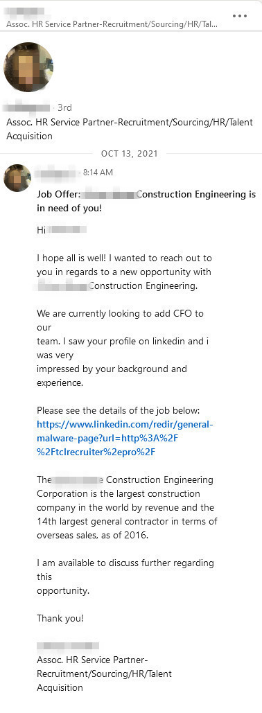 Screenshot of a fake LinkedIn job offer.