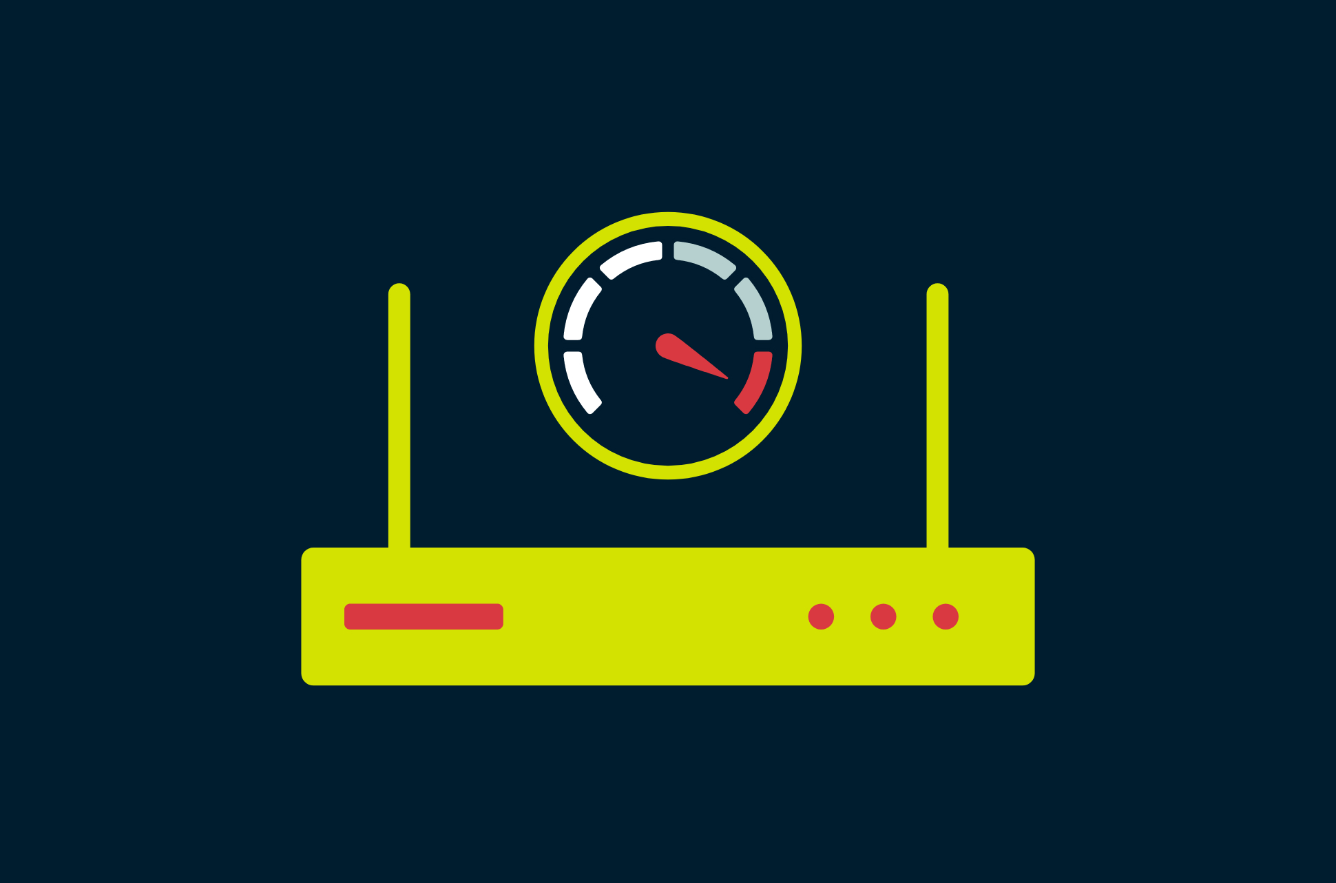 Router with a speedometer above it indicating ways to boost Wi-Fi signal at home.