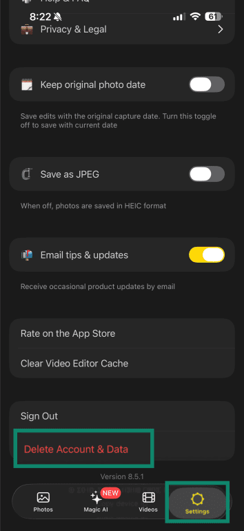 Lensa settings showing 