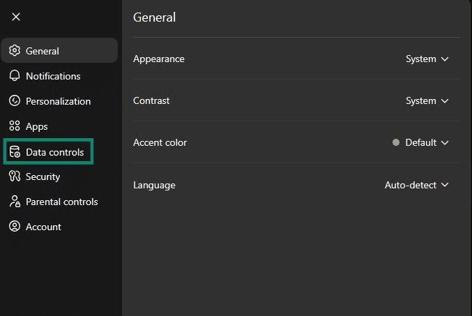 ChatGPT settings menu with the Data controls tab highlighted.