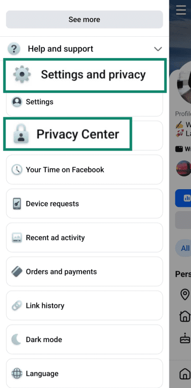 Facebook menu with Settings and Privacy Center options