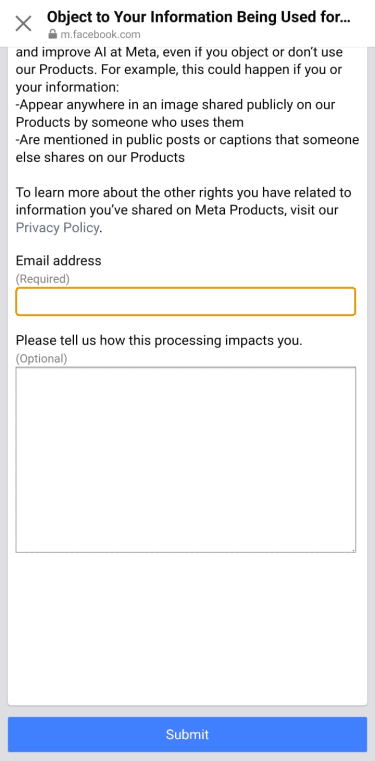 Meta objection form with email field and text box