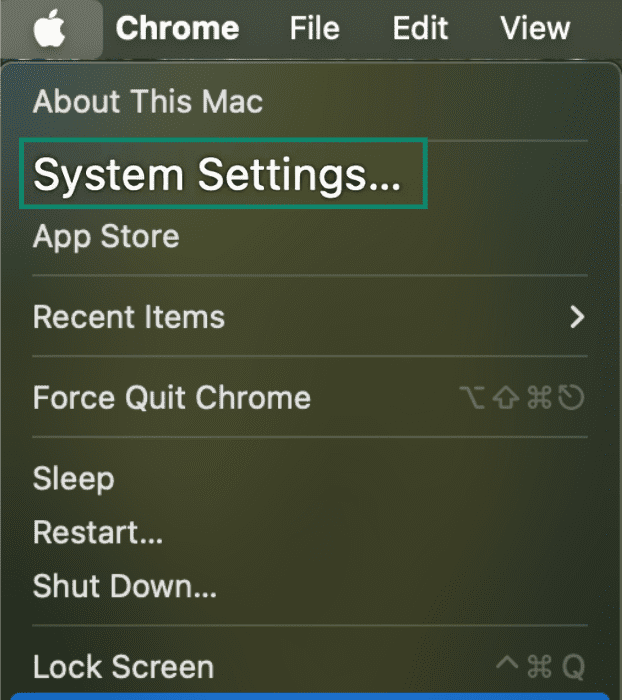 Mac Apple icon menu with System Settings highlighted.