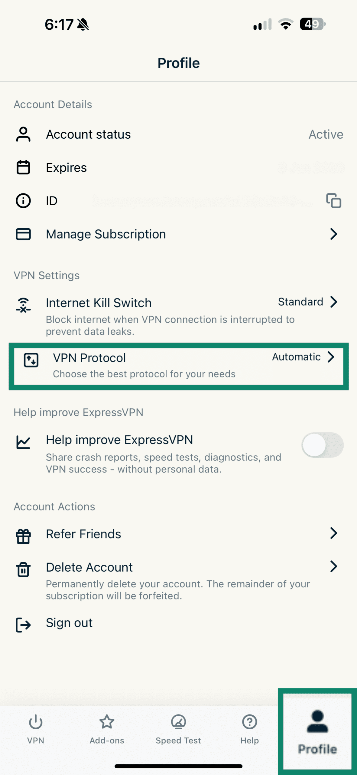Screenshot of the ExpressVPN app with the