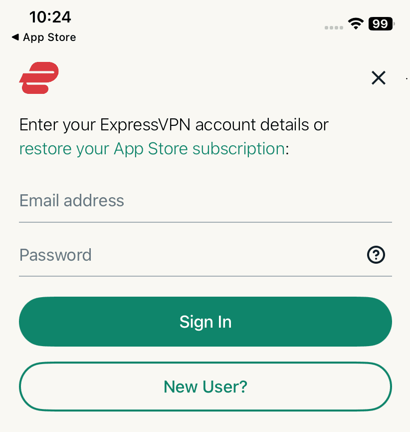 Screenshot of the ExpressVPN app's login screen, with fields for entering login credentials and an option to sign up for a new account highlighted.