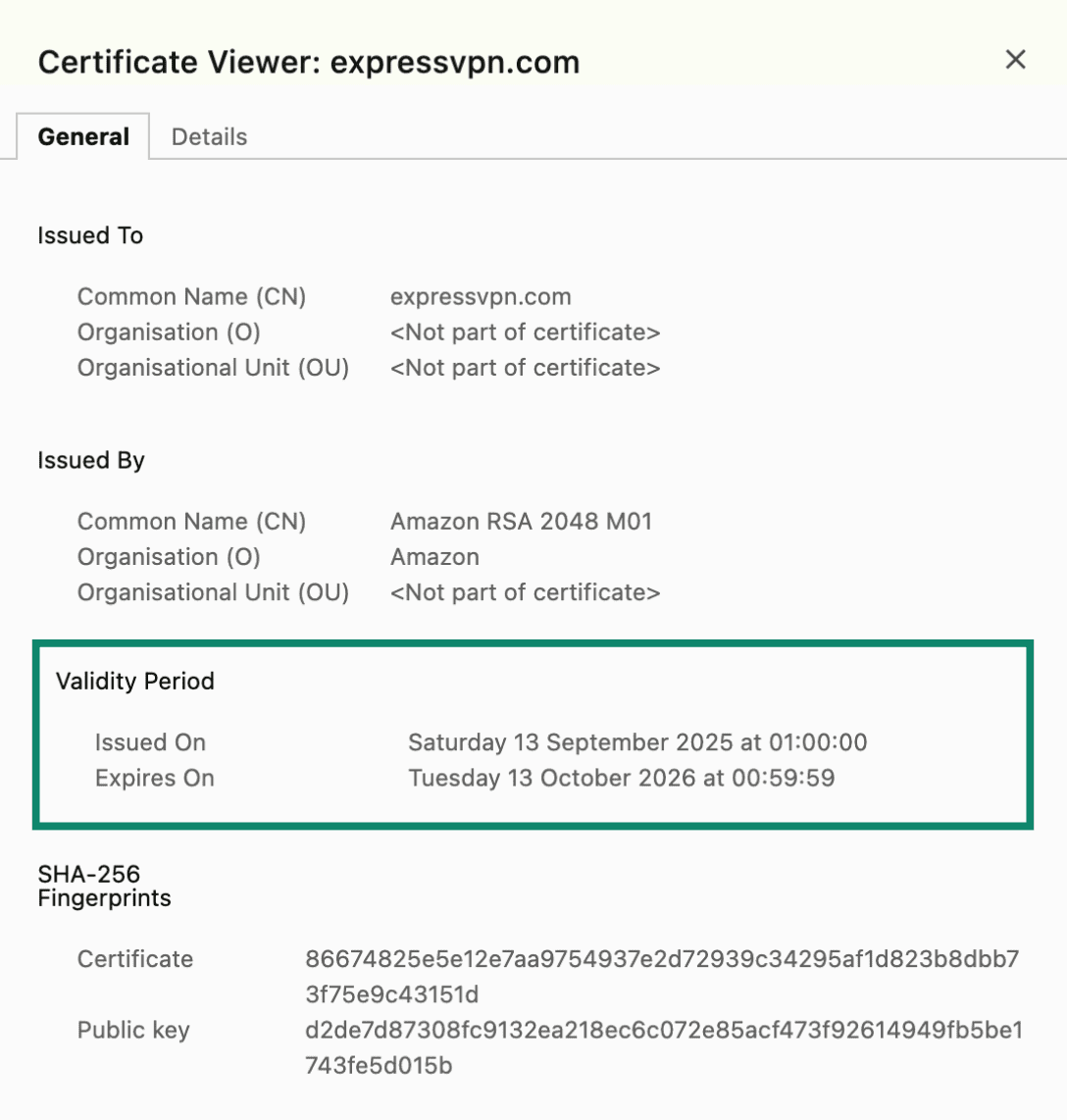 Example of a valid TLS/SSL certificate with the issue and expiry date highlighted.