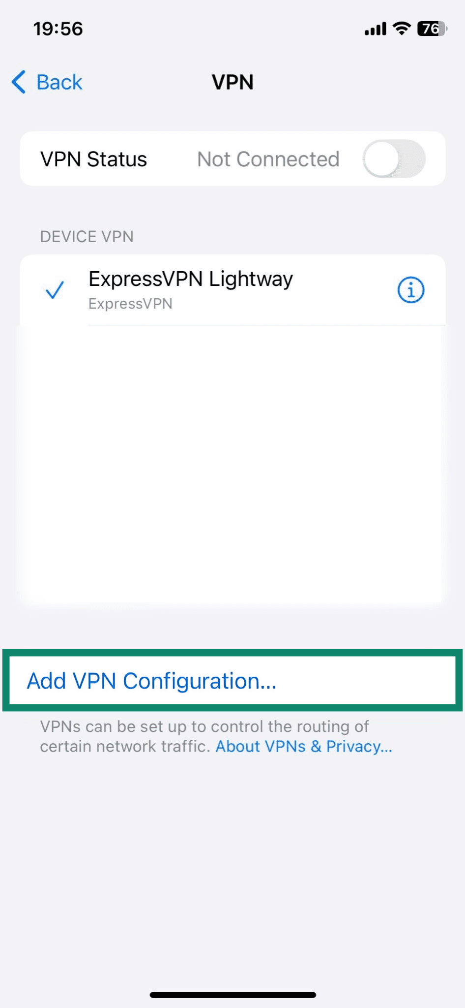 Screenshot of the iPhone VPN menu, with the