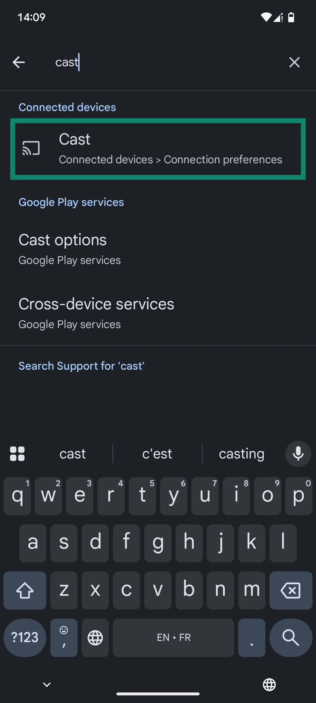The Settings app of an Android phone, with the "Cast" option highlighted.