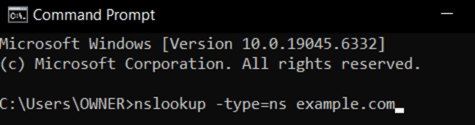 A Windows command prompt terminal showing the command to check a domain's nameservers.