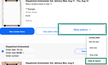 eBay Purchase History page showing the 