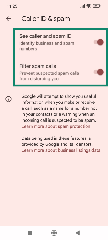 Android Caller ID & Spam settings screen with the 'See caller and spam ID' and 'Filter spam calls' toggles switched on.