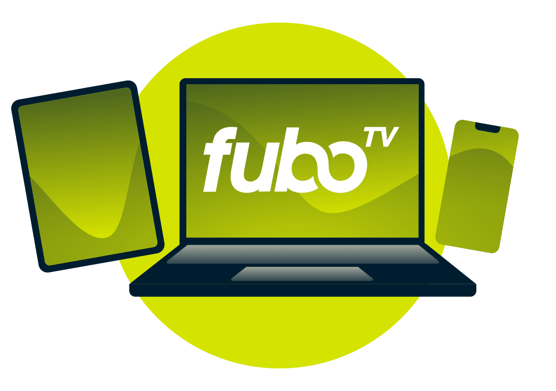 Een laptop, tablet, en telefoon, met het fuboTV logo.