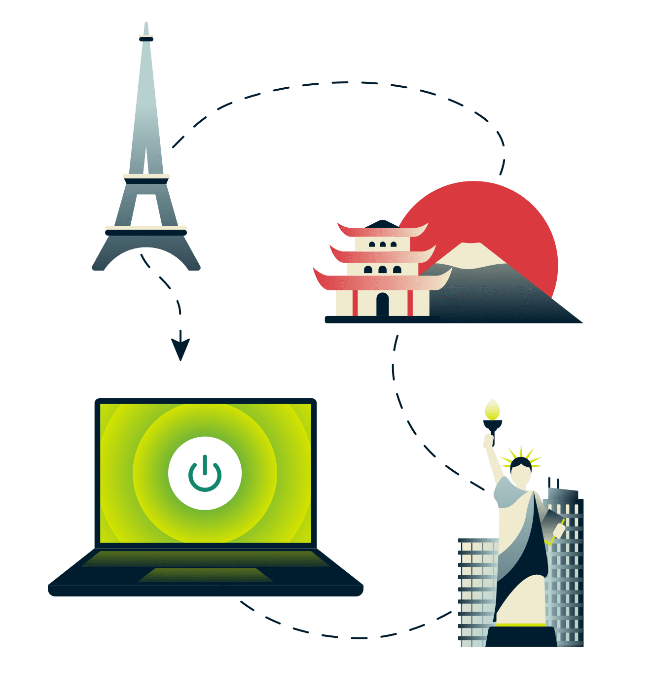 Torre Eiffel, Monte Fuji, Statua della libert&agrave; e un computer connesso alla VPN.