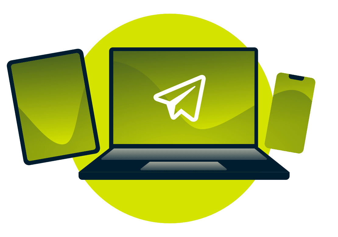 Logotipo do telegrama em um laptop, telefone e tablet.