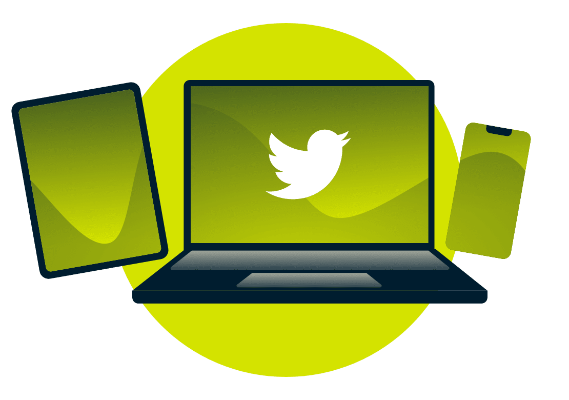 Un portatile, un tablet e un telefono, con il logo di Twitter.