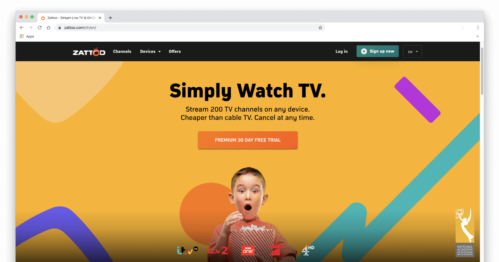Screenshot of Zattoo&rsquo;s homepage.