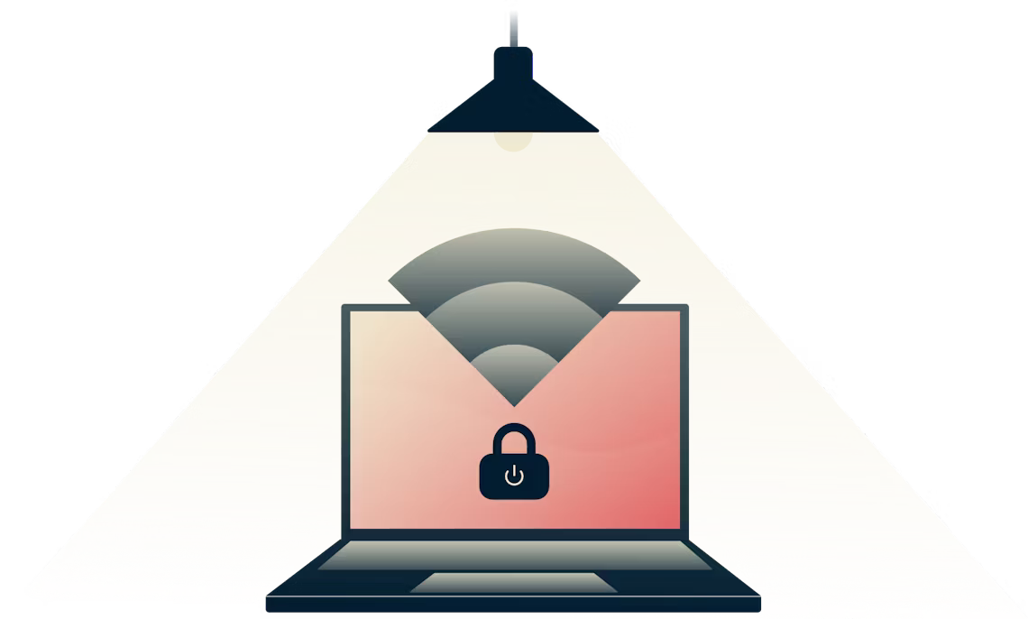 Network Lock, VPN bağlantınız d&uuml;şt&uuml;ğ&uuml;nde t&uuml;m internet trafiğini durdurur. Lamba g&uuml;venli bir bilgisayarda parlıyor.