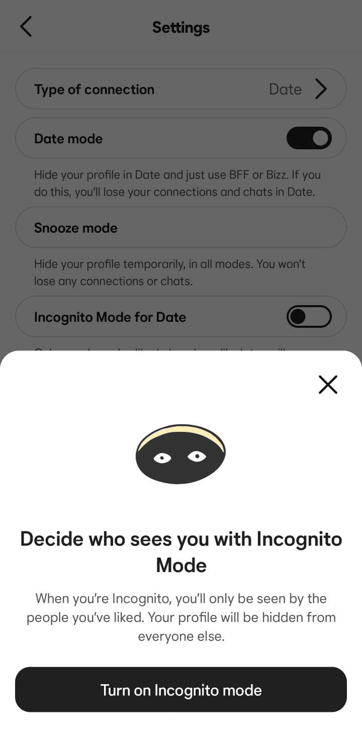 Bumble Settings screen with an Incognito Mode pop-up explaining that only people you have liked can see your profile, with a 