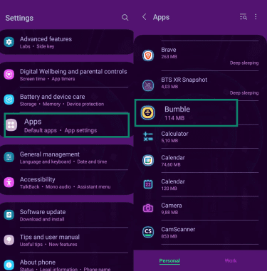Android Settings screen with the 
