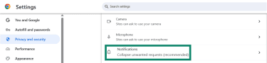 The Chrome Privacy and security Site Settings page is open and the Notifications is highlighted.