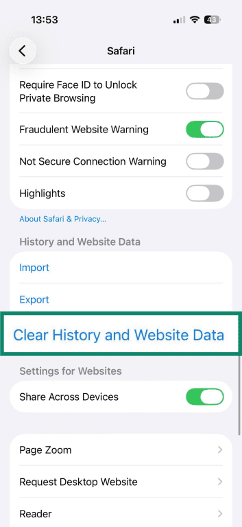 Safari settings screen with 