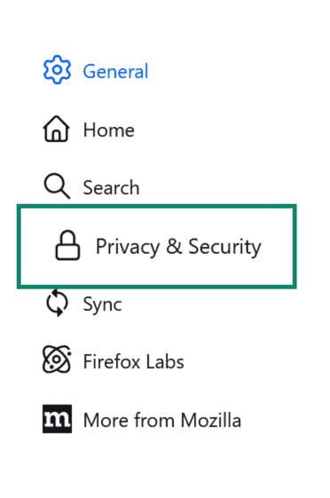 Firefox Settings sidebar with Privacy & Security highlighted.
