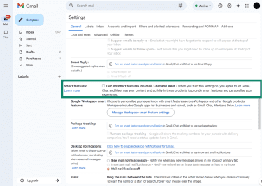 Smart features option disabled in the General settings tab in Gmail desktop