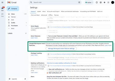 Google Workspace Smart features option in the General settings tab in Gmail desktop