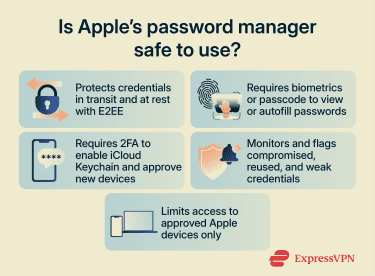 Infographic showing the main security protections in Apple’s password manager, including encryption, biometric or passcode protection, Apple ID two-factor authentication, password alerts, and approved-device access.