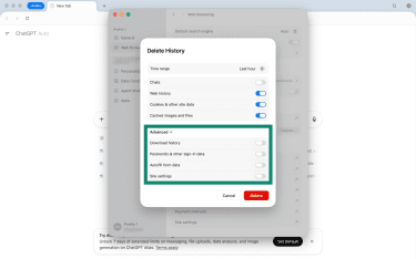 How to select Advanced for a thorough clear on ChatGPT Atlas