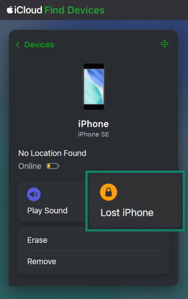 iCloud Find Devices, highlighting the Lost iPhone button.