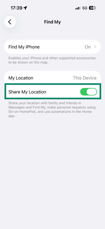 The Find My settings, highlighting the "Share My Location" option.