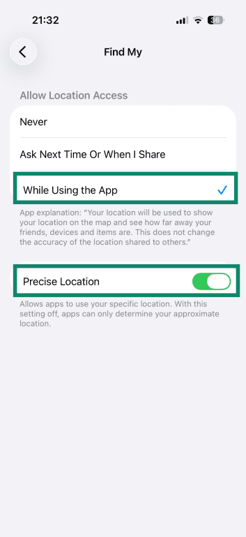 iPhone Find My settings, with the While Using the App option highlighted and Precise Location toggled on.
