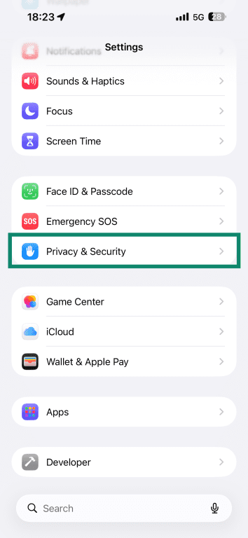 The Settings app on iPhone, with Privacy & Security highlighted.
