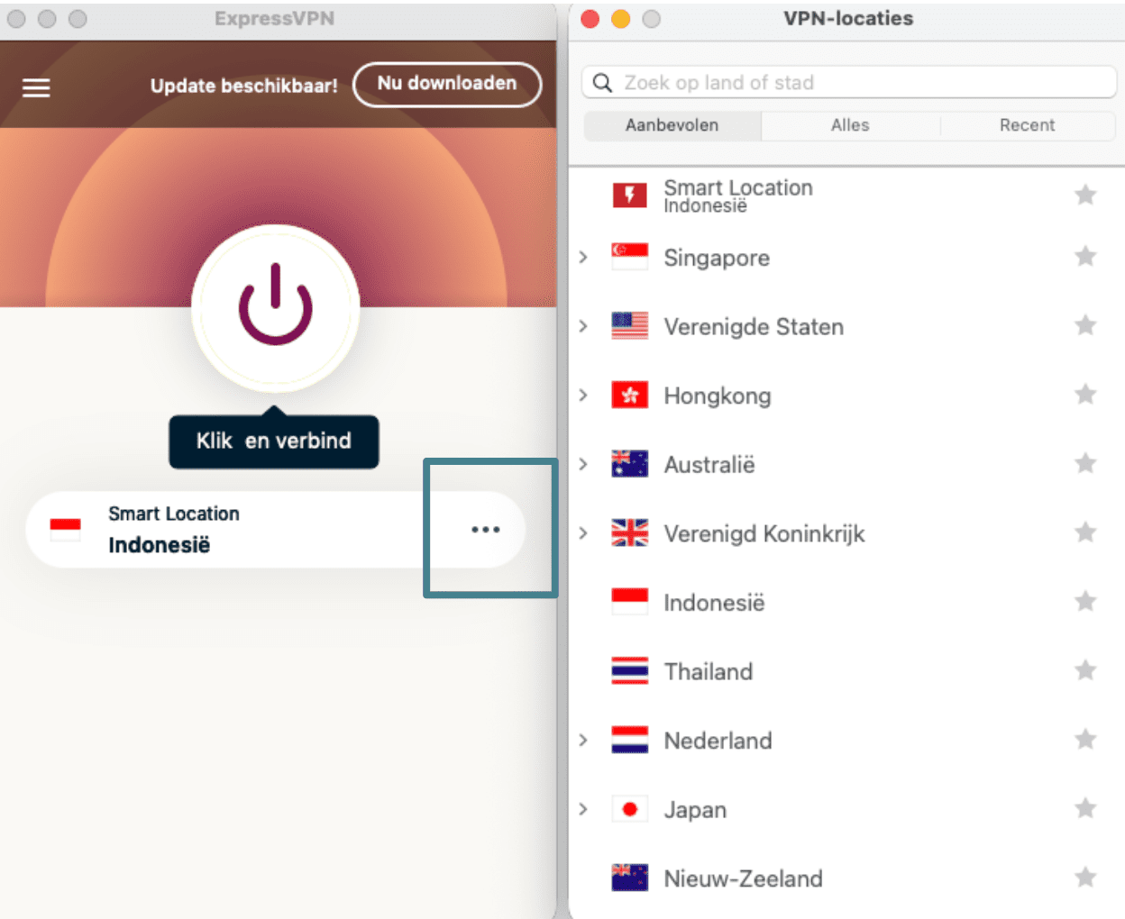 ExpressVPN app with the three-dots button enlarged and a list of servers