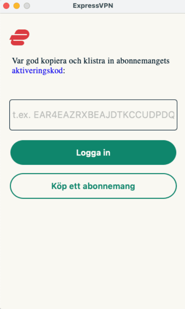 ExpressVPN app with the options to activate a user