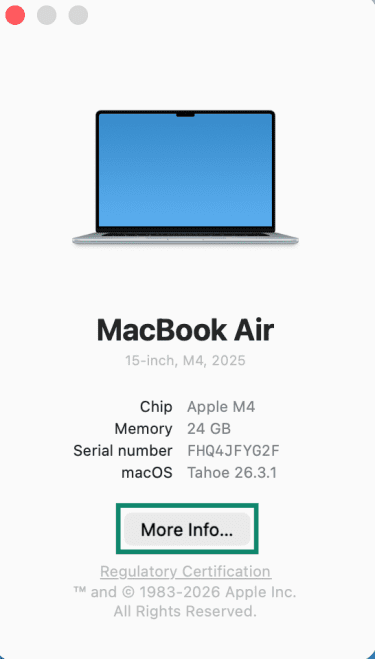 Mac device details with the More Info option highlighted.