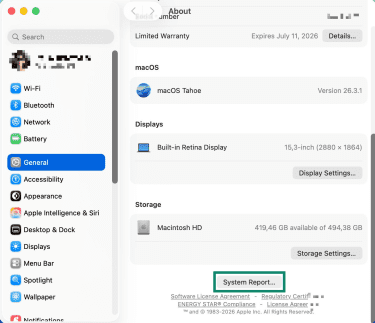 Mac device settings with the System Report option under General highlighted.