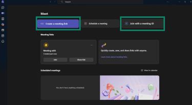 Create a meeting link or Join with a meeting ID option in the Microsoft Teams desktop app