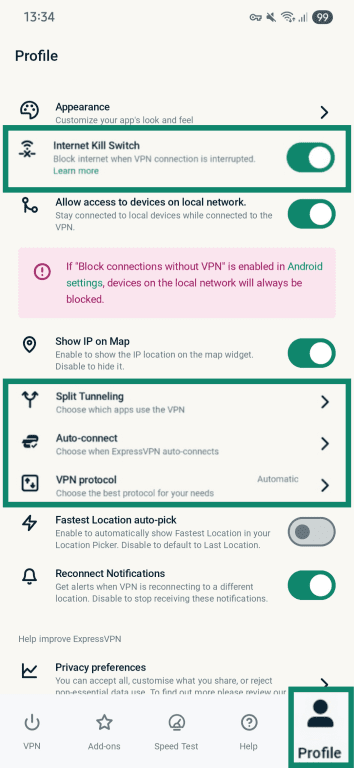ExpressVPN profile election with different settings highlighted