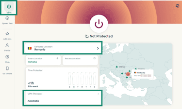 ExpressVPN desktop app showing the homepage, location selector, and VPN protocol button highlighted.