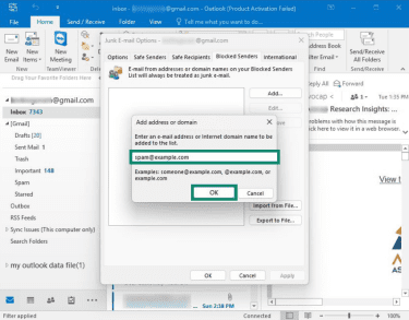 How to add email addresses to the blocked senders list in classic Outlook for Windows