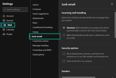 How to access junk email settings on Outlook on the web