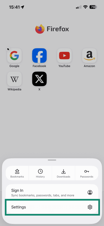 Firefox on iOS with the main menu open and the Settings option highlighted.