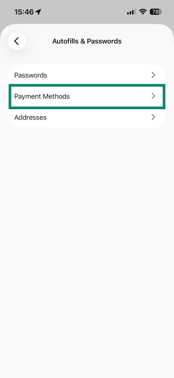The Autofills and Password segment of Firefox's Settings on iOS, with Payment Methods highlighted.