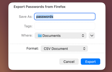 A prompt shown by Firefox that allows the user to save a password CSV file to their computer.
