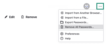 The Firefox Password Manager home screen, with a three-dots menu in focus.