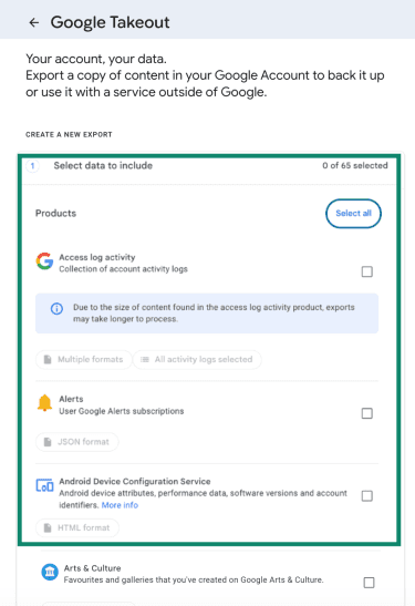 Google Takeout page showing selectable Google services for data export.